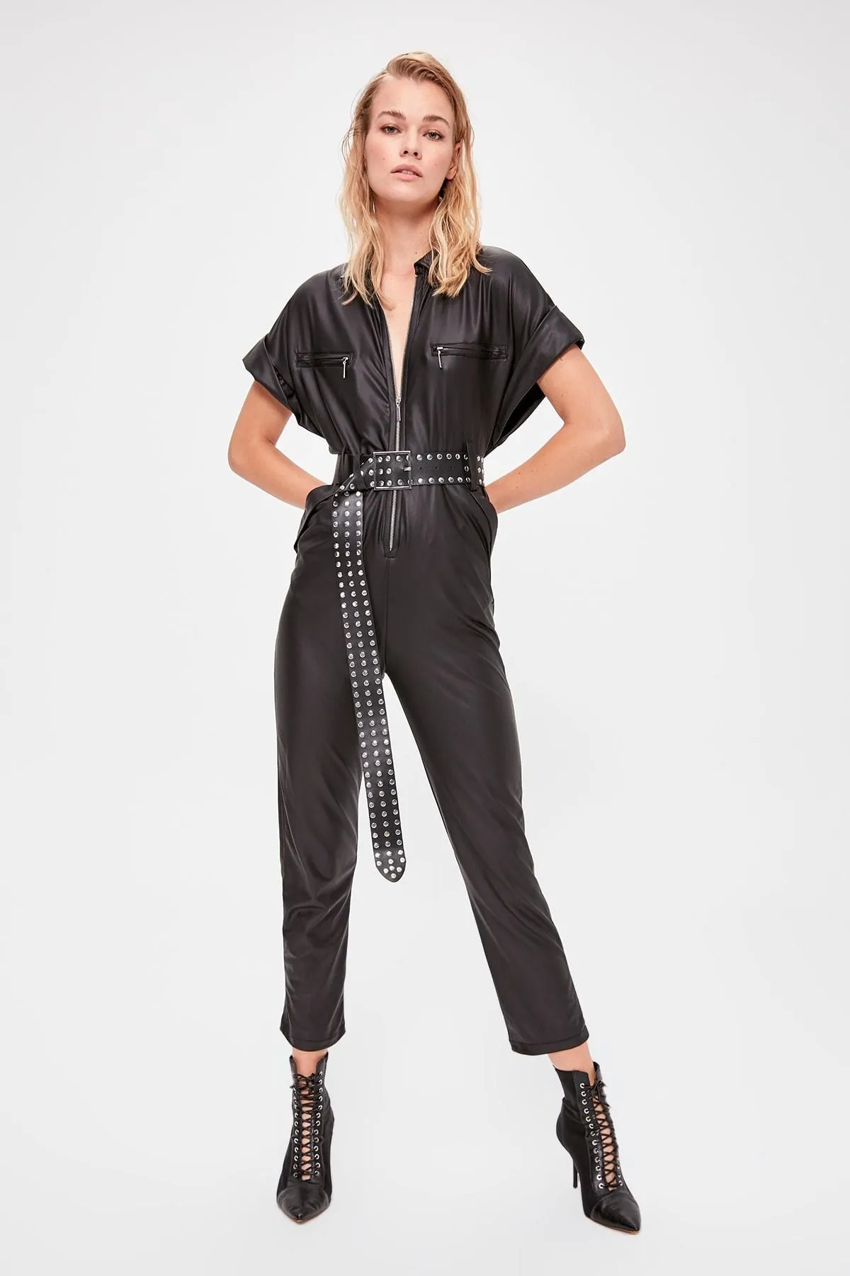 13657 Black Faux Leather Wet Look Jumpsuit