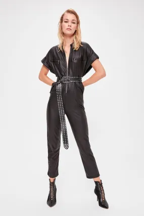 13657 Black Faux Leather Wet Look Jumpsuit