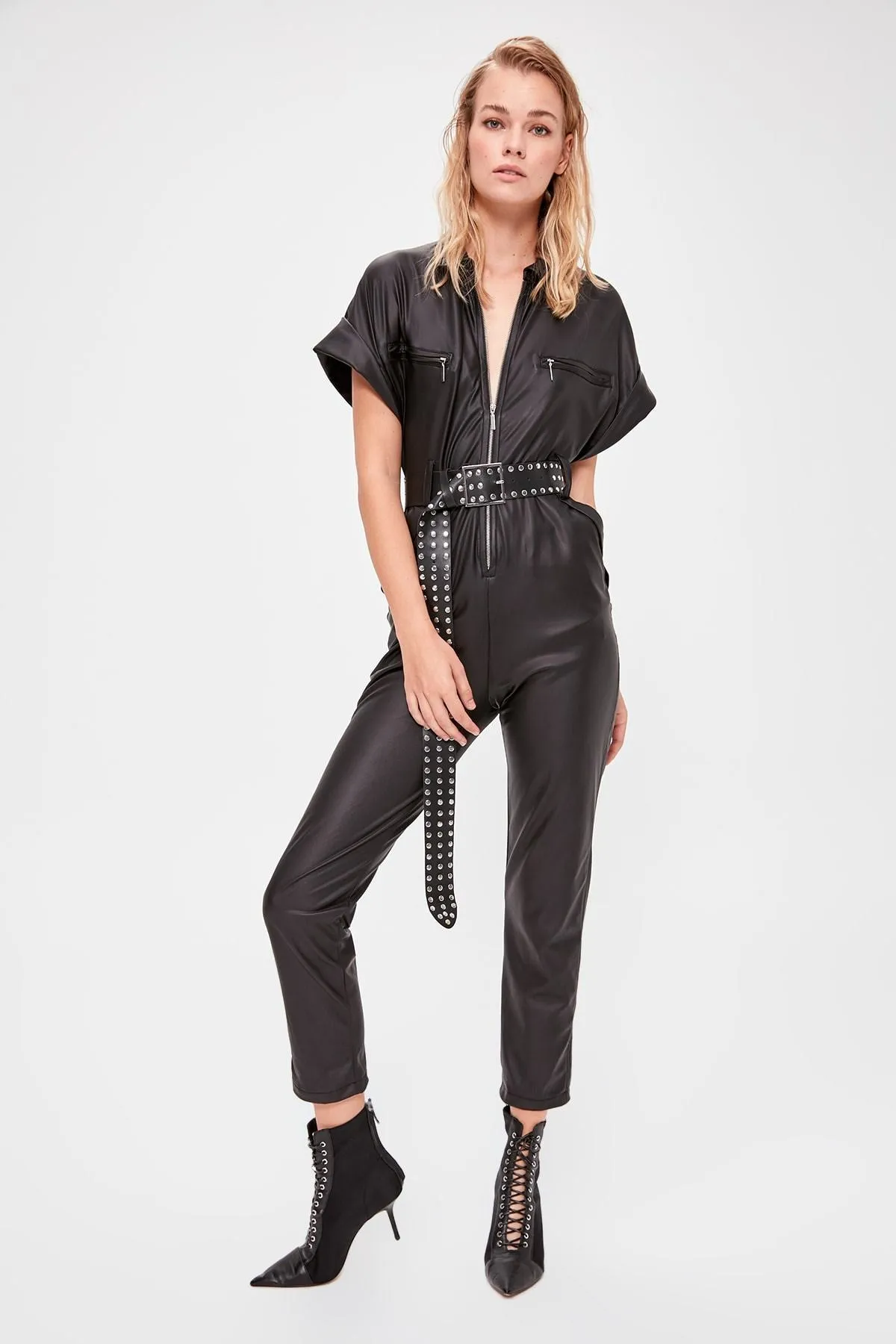 13657 Black Faux Leather Wet Look Jumpsuit