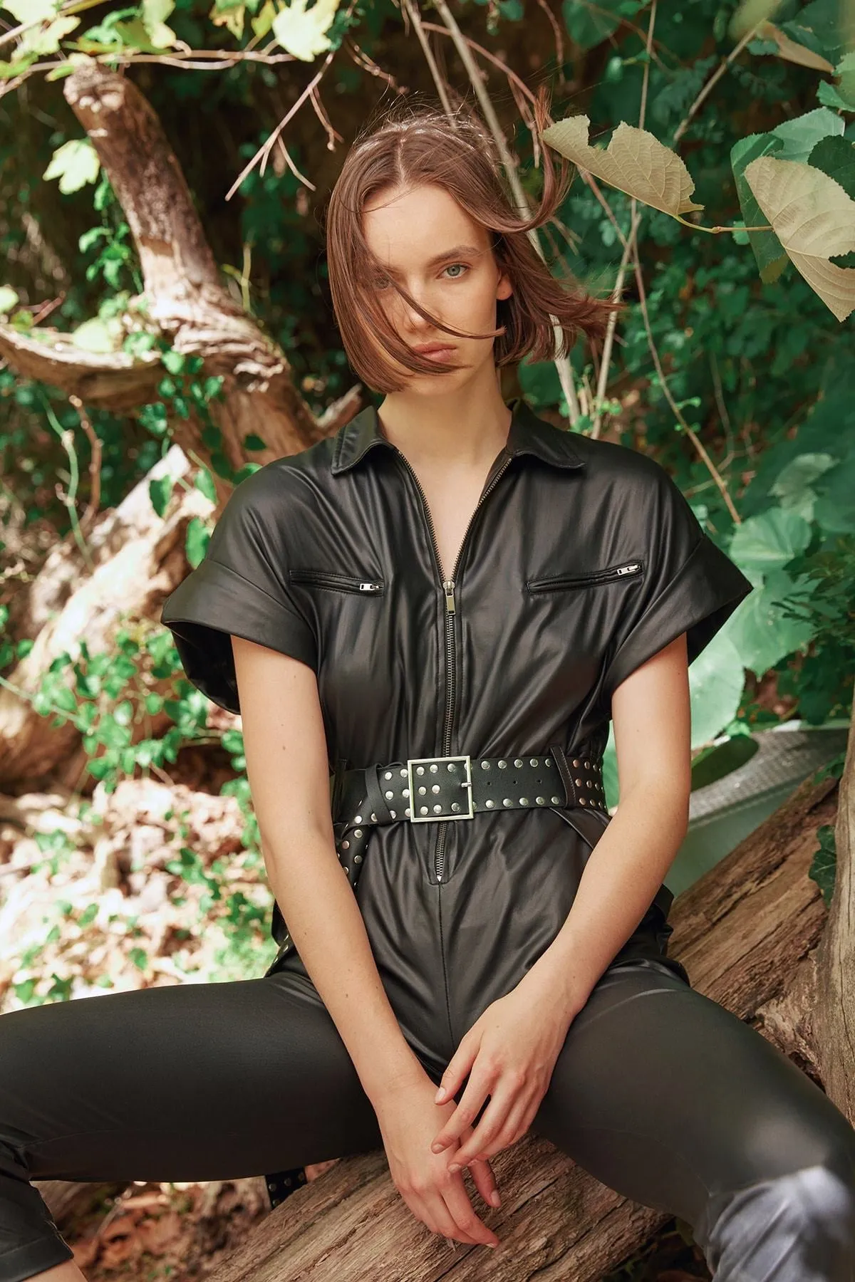 13657 Black Faux Leather Wet Look Jumpsuit