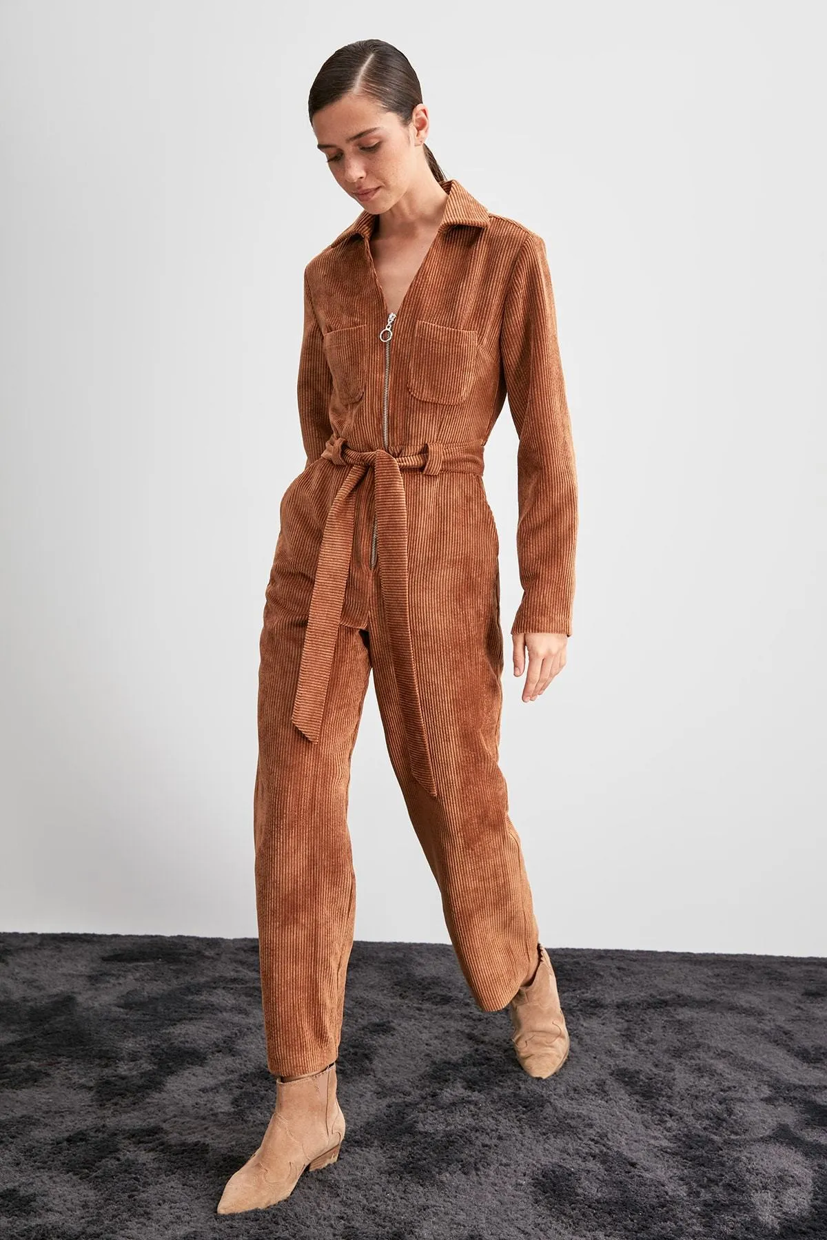 16094 Camel Corduroy Jumpsuit