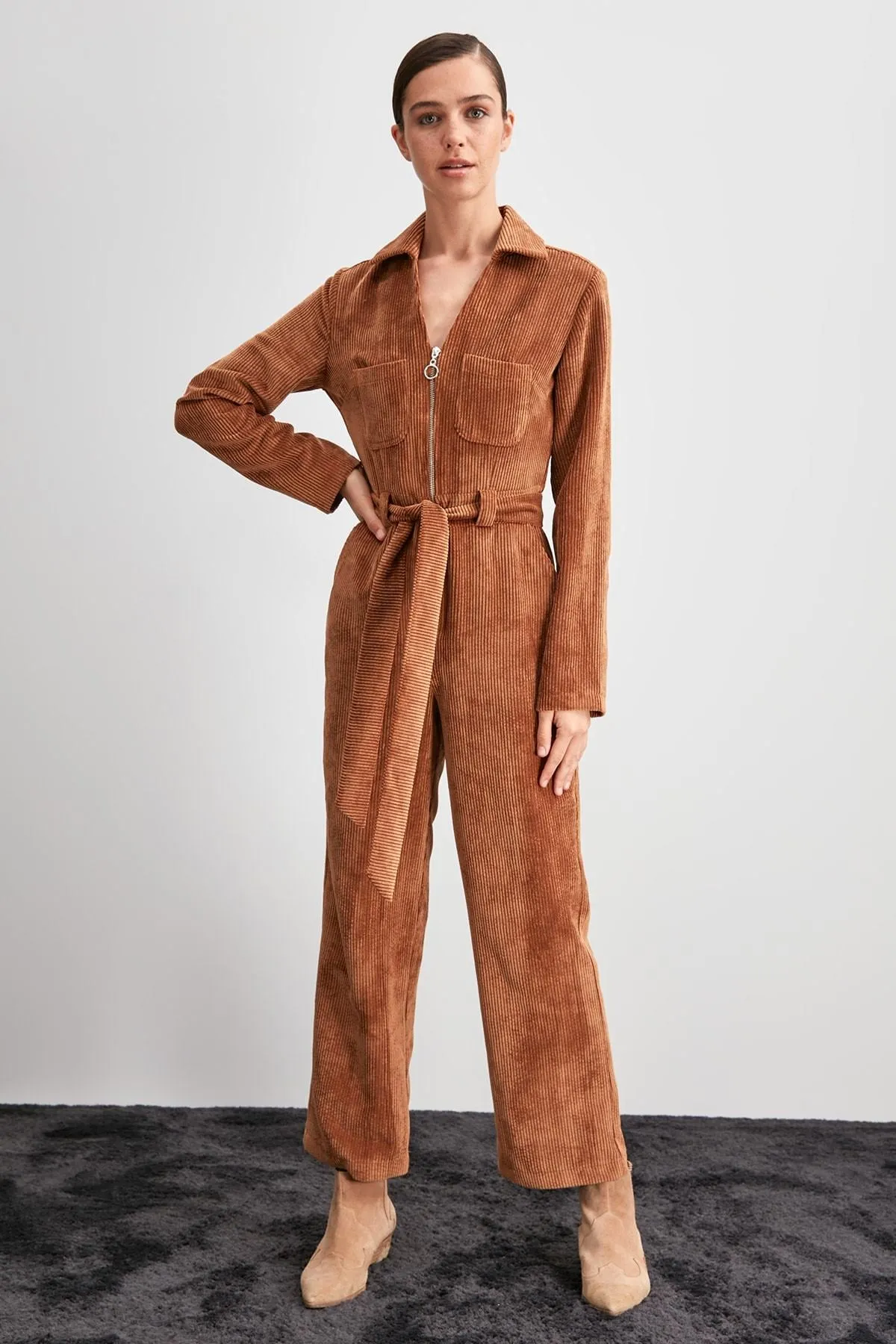 16094 Camel Corduroy Jumpsuit