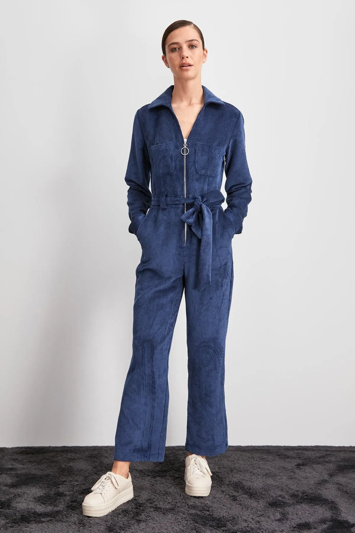 16099 Navy Blue Corduroy Jumpsuit