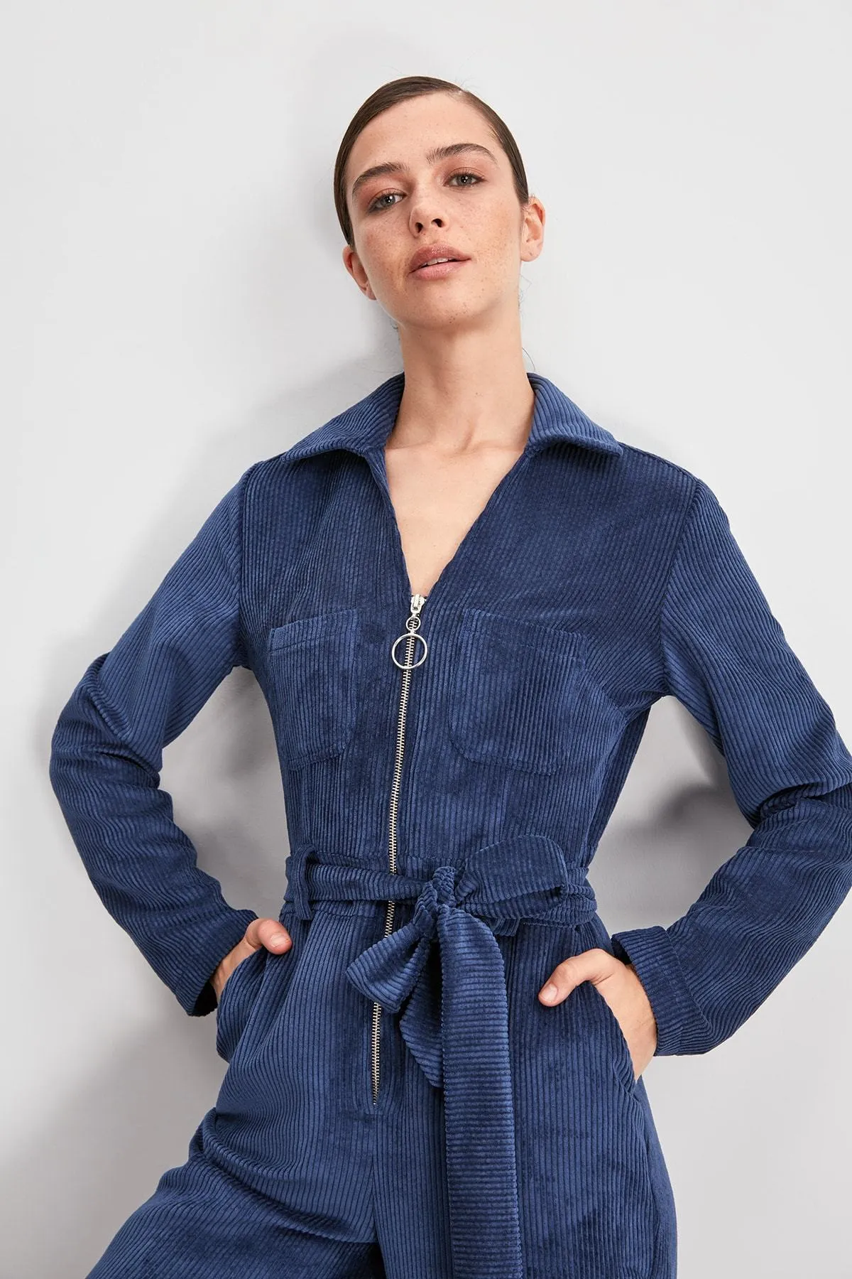 16099 Navy Blue Corduroy Jumpsuit