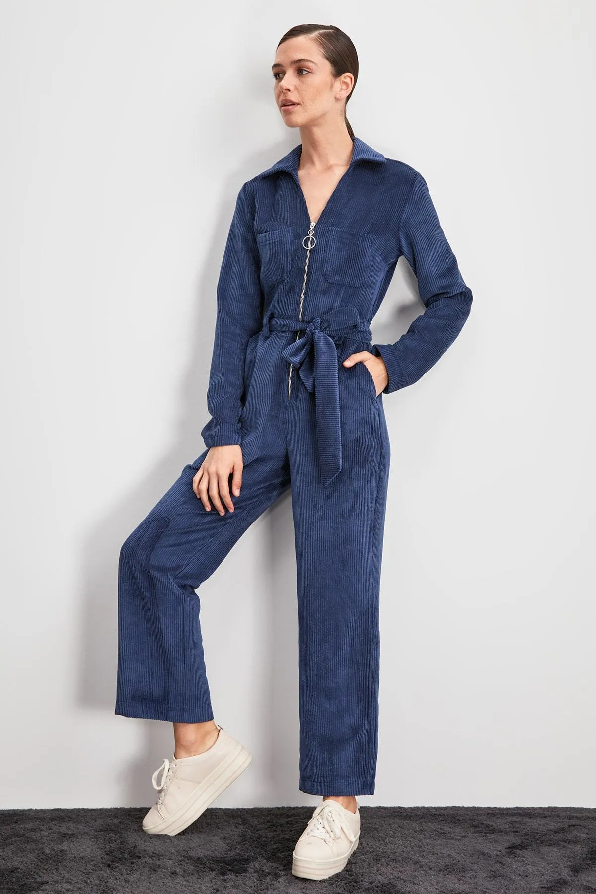 16099 Navy Blue Corduroy Jumpsuit