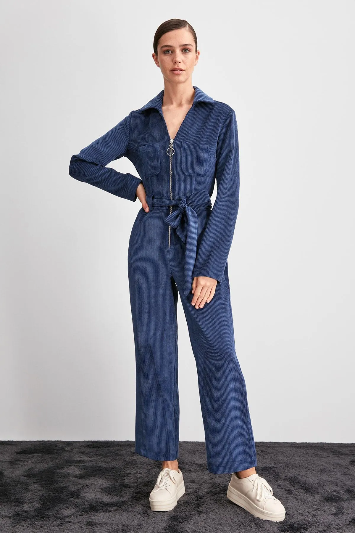 16099 Navy Blue Corduroy Jumpsuit