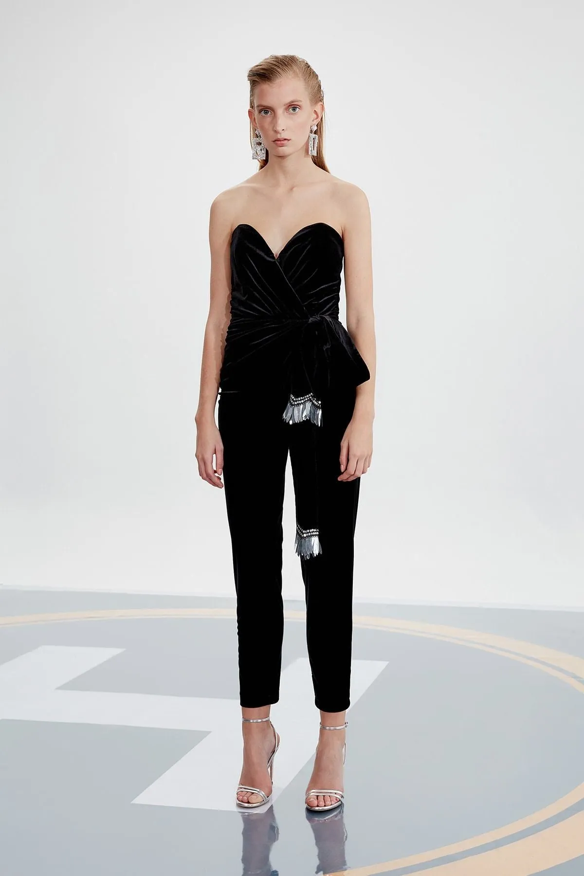 16101 Black Strapless Velvet Jumpsuit