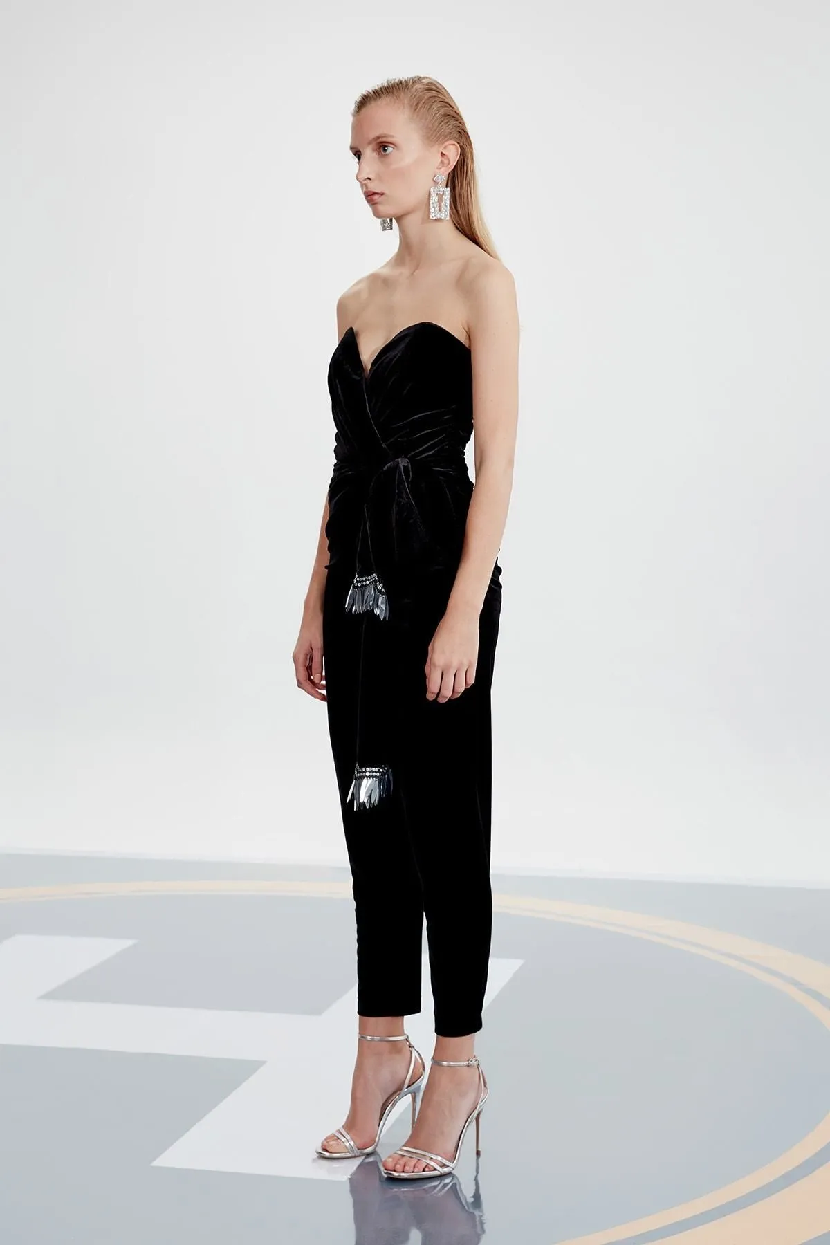16101 Black Strapless Velvet Jumpsuit