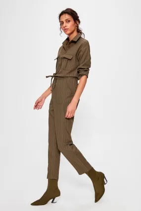 16127 Khaki Drawstring Striped Jumpsuit