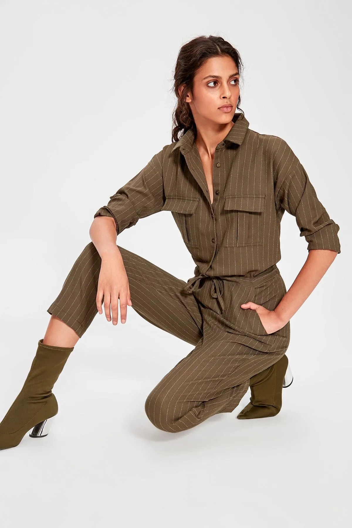 16127 Khaki Drawstring Striped Jumpsuit