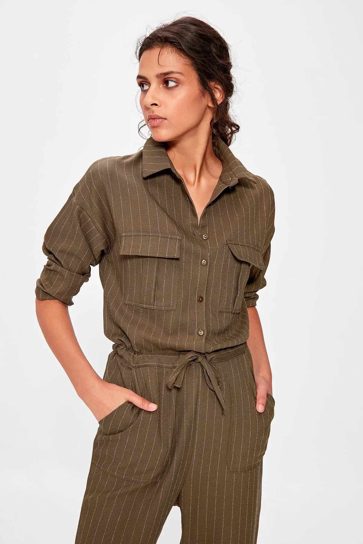 16127 Khaki Drawstring Striped Jumpsuit