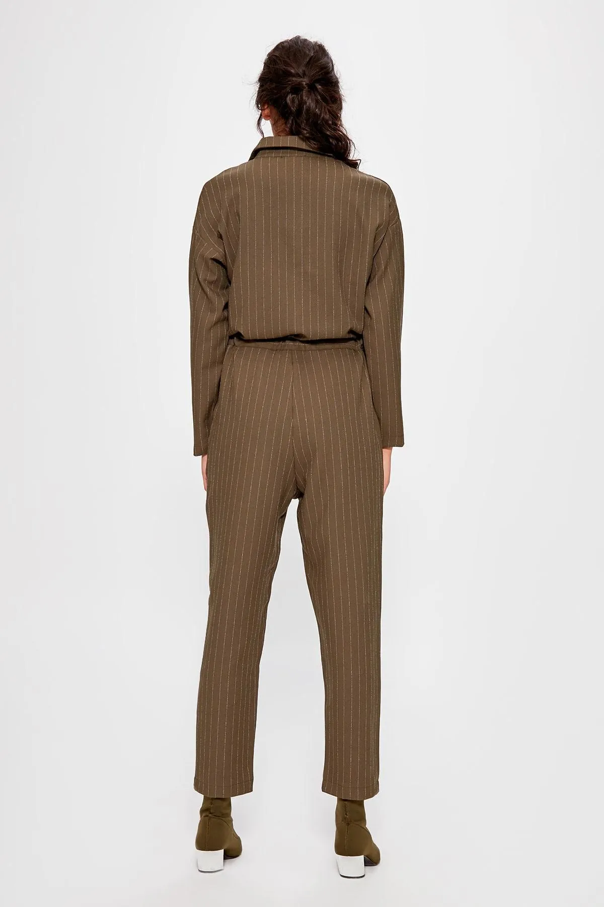 16127 Khaki Drawstring Striped Jumpsuit