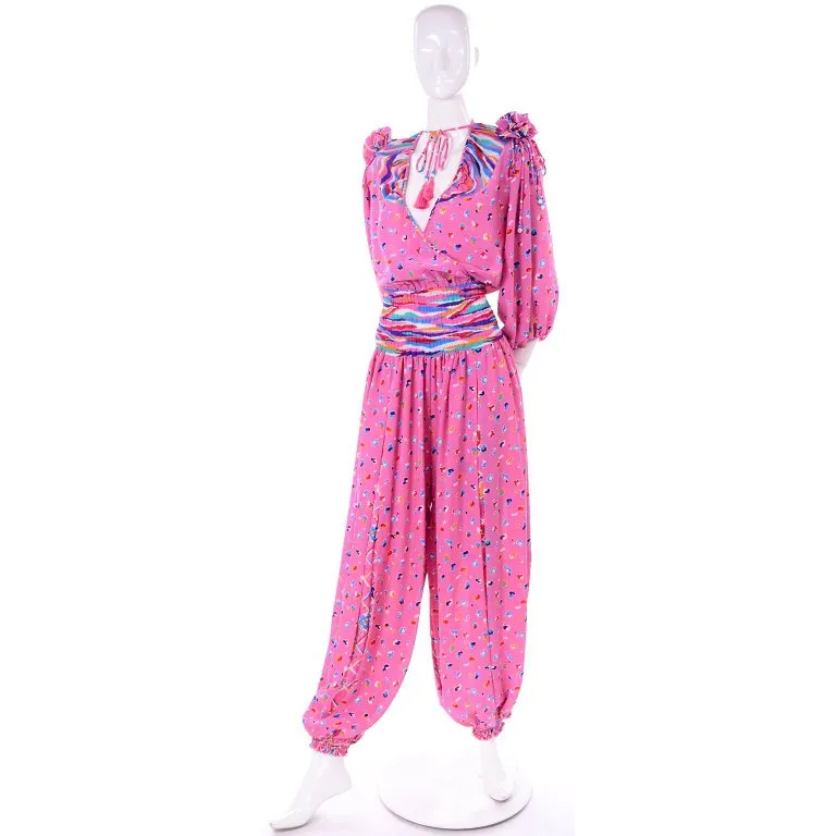 1980's Diane Freis Pink Balloon Leg Jumpsuit in Abstract Print w/ Puff Sleeves
