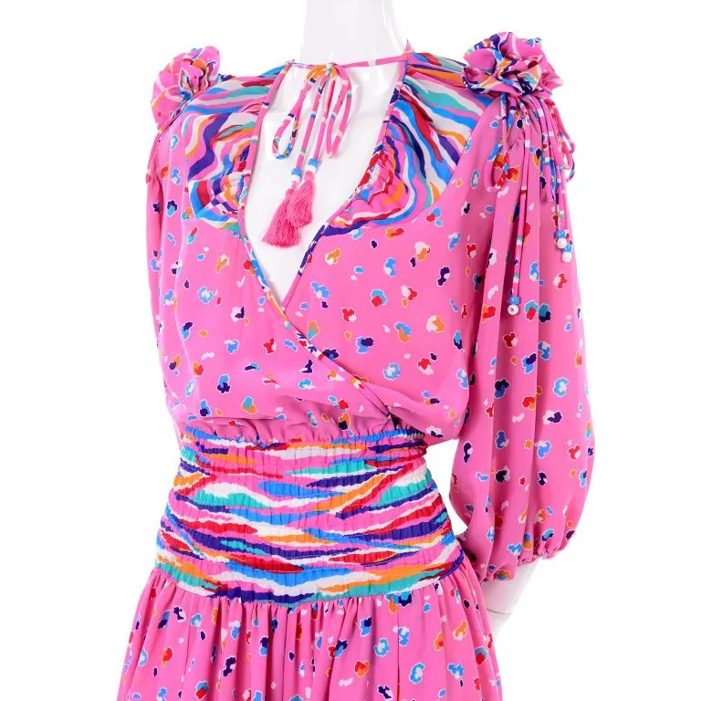 1980's Diane Freis Pink Balloon Leg Jumpsuit in Abstract Print w/ Puff Sleeves