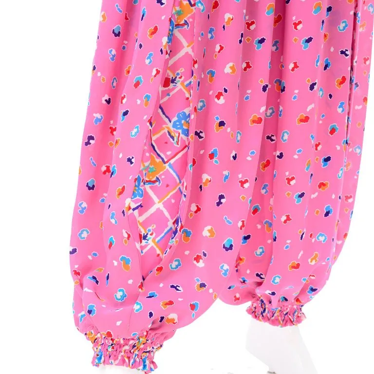 1980's Diane Freis Pink Balloon Leg Jumpsuit in Abstract Print w/ Puff Sleeves
