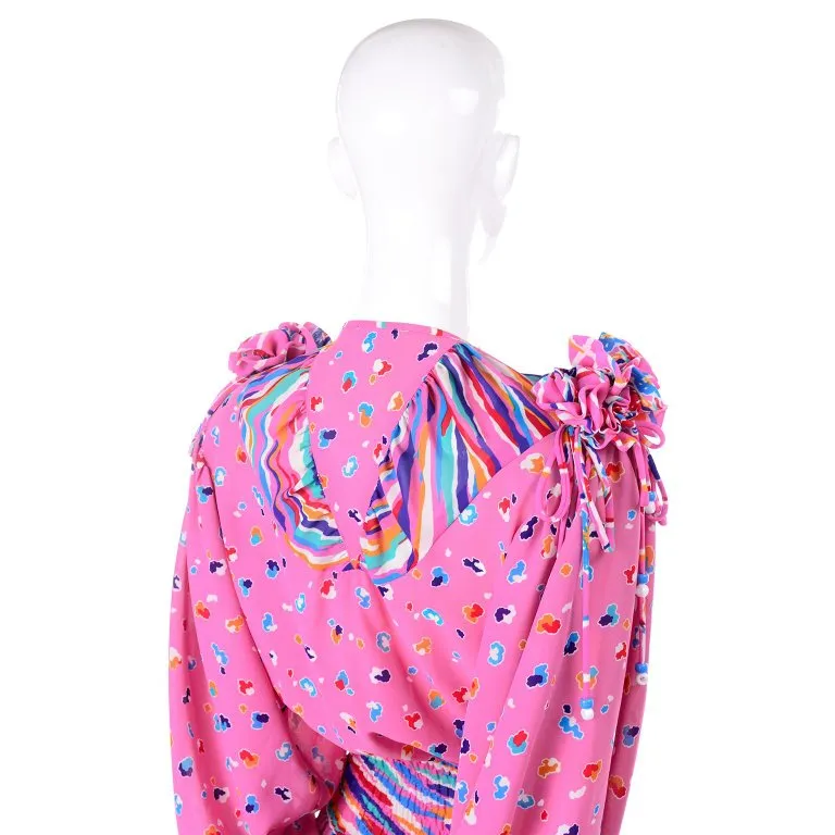 1980's Diane Freis Pink Balloon Leg Jumpsuit in Abstract Print w/ Puff Sleeves