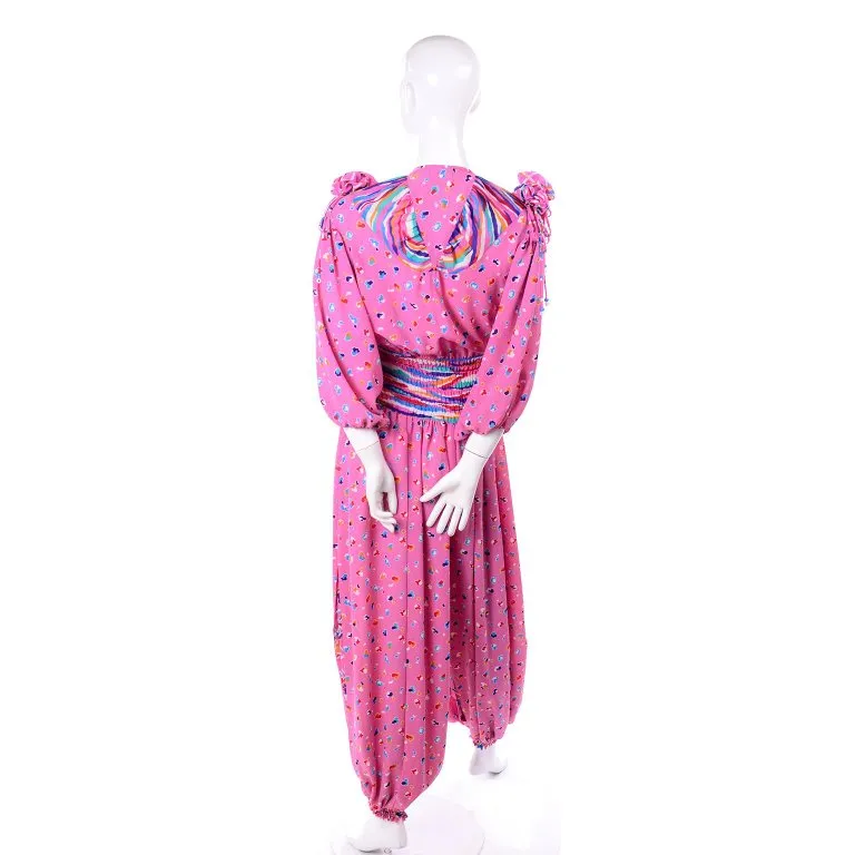 1980's Diane Freis Pink Balloon Leg Jumpsuit in Abstract Print w/ Puff Sleeves
