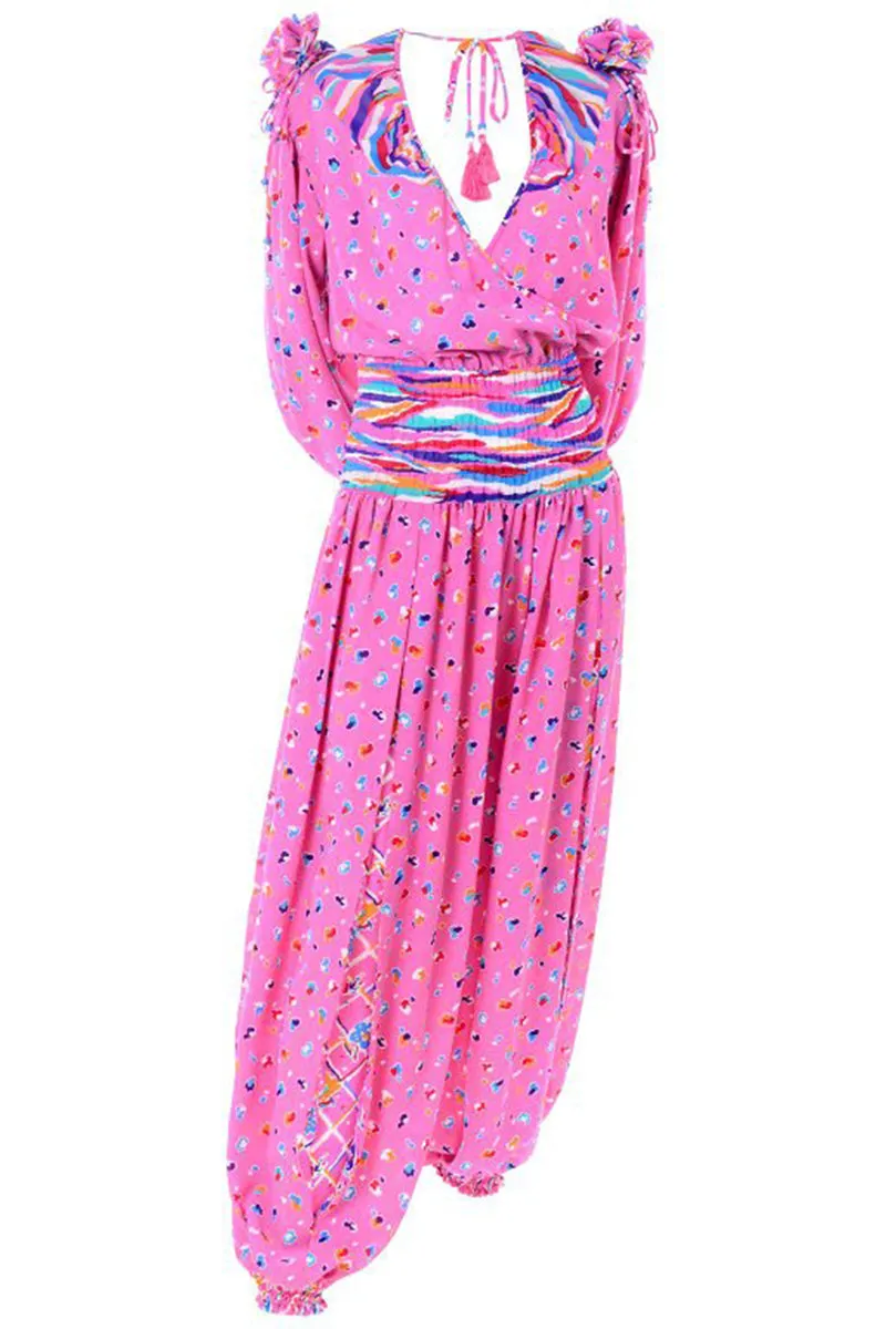 1980's Diane Freis Pink Balloon Leg Jumpsuit in Abstract Print w/ Puff Sleeves