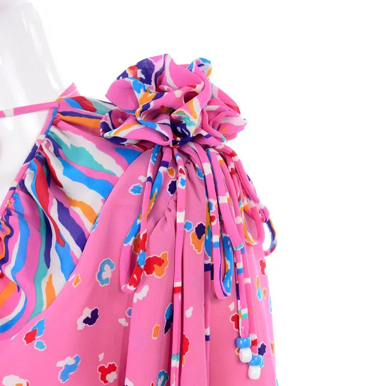 1980's Diane Freis Pink Balloon Leg Jumpsuit in Abstract Print w/ Puff Sleeves