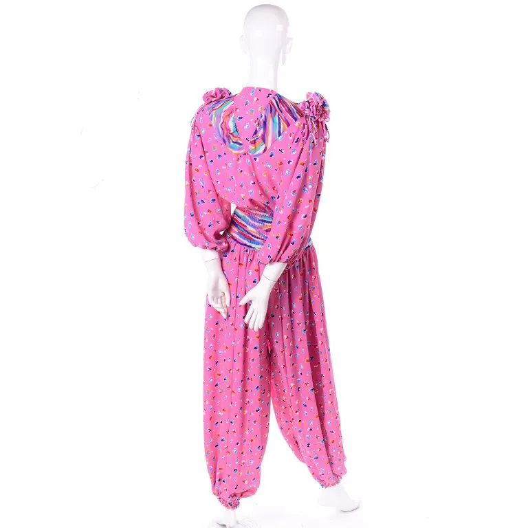 1980's Diane Freis Pink Balloon Leg Jumpsuit in Abstract Print w/ Puff Sleeves