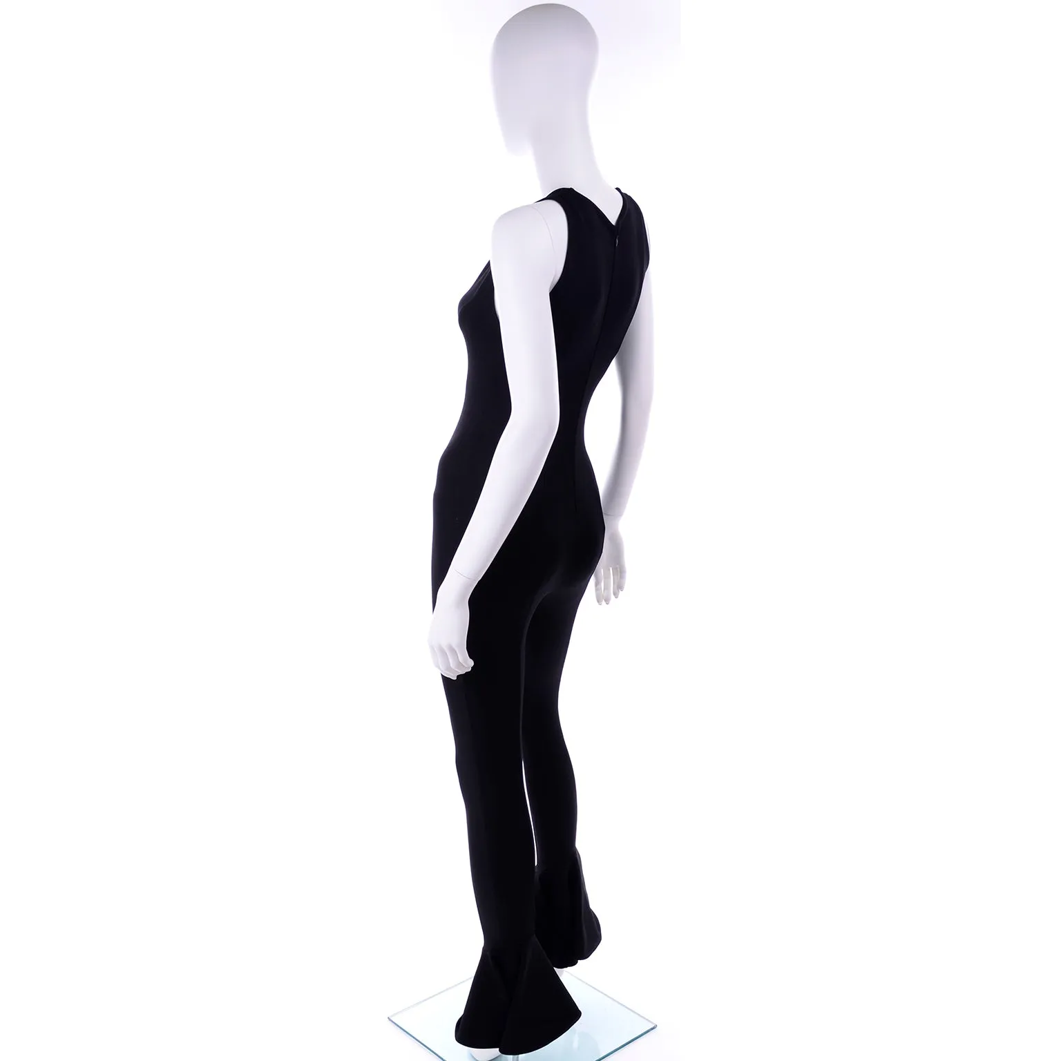 1993 Gianni Versace Runway Vintage Black Stretch Jumpsuit w Ruffled Cuffs