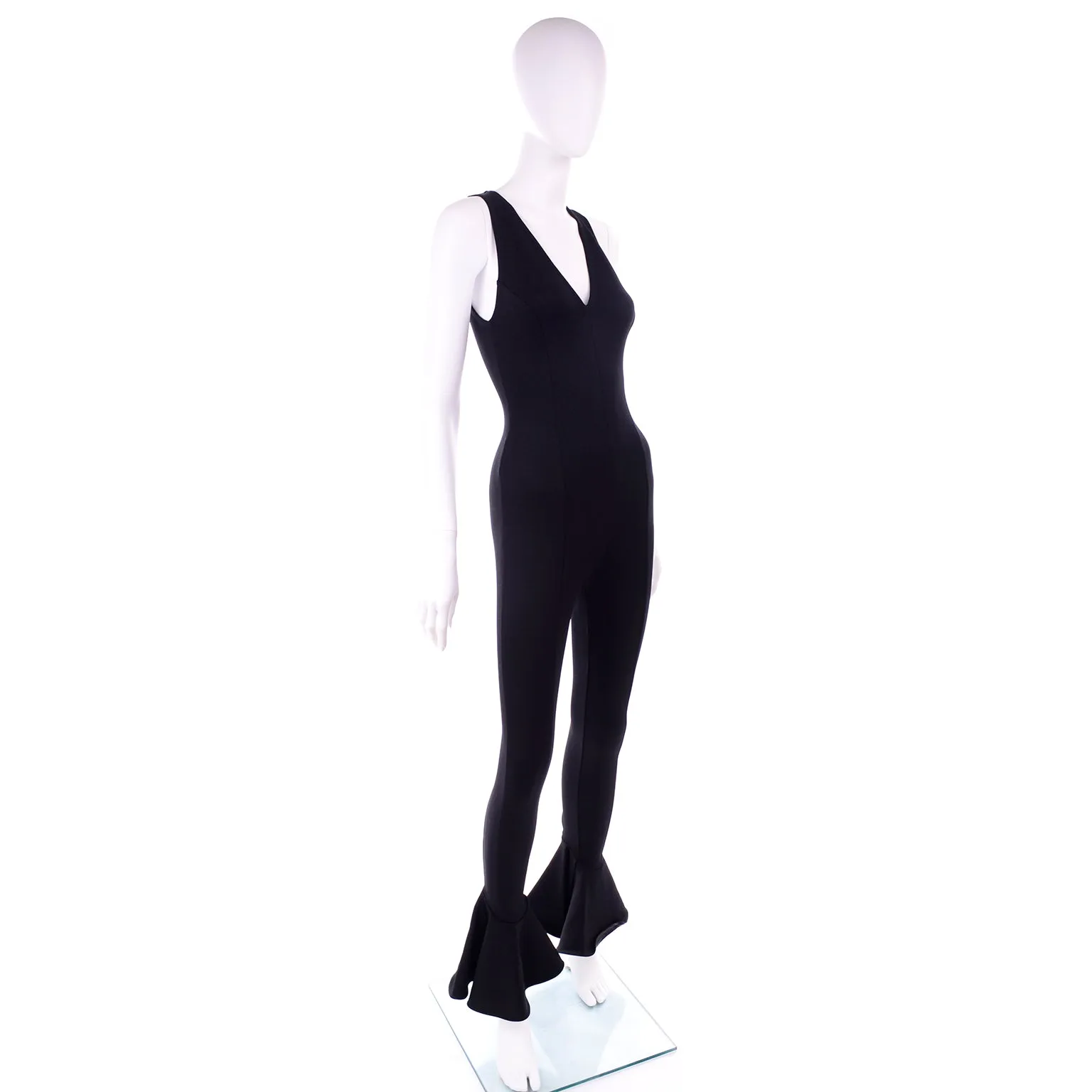 1993 Gianni Versace Runway Vintage Black Stretch Jumpsuit w Ruffled Cuffs