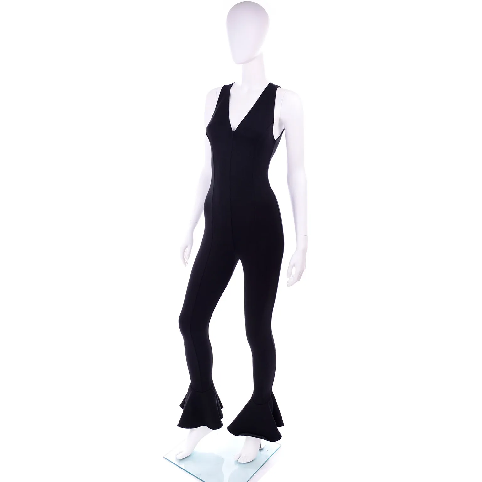 1993 Gianni Versace Runway Vintage Black Stretch Jumpsuit w Ruffled Cuffs