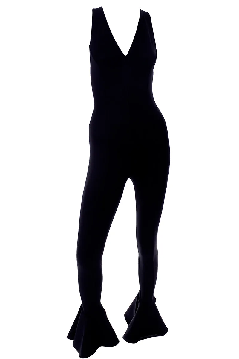 1993 Gianni Versace Runway Vintage Black Stretch Jumpsuit w Ruffled Cuffs