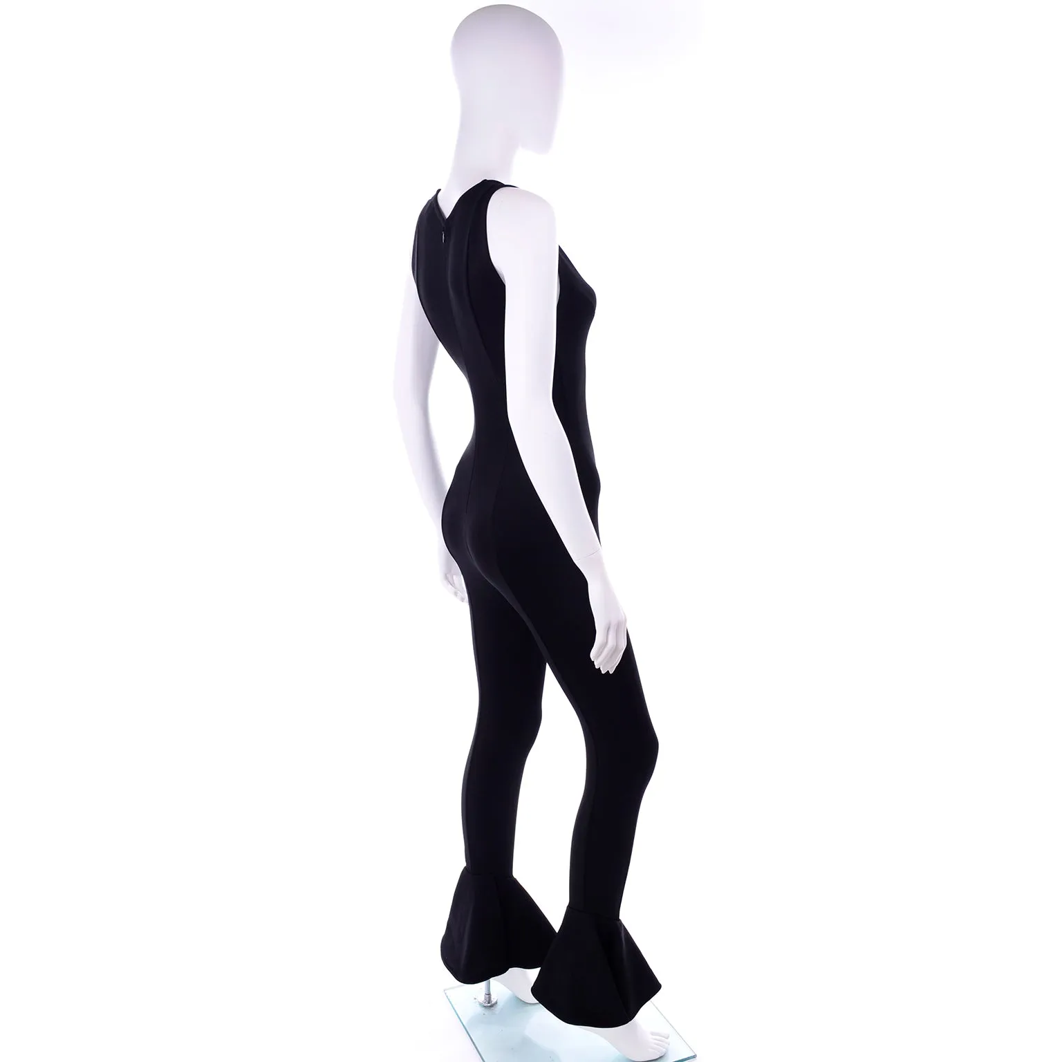 1993 Gianni Versace Runway Vintage Black Stretch Jumpsuit w Ruffled Cuffs