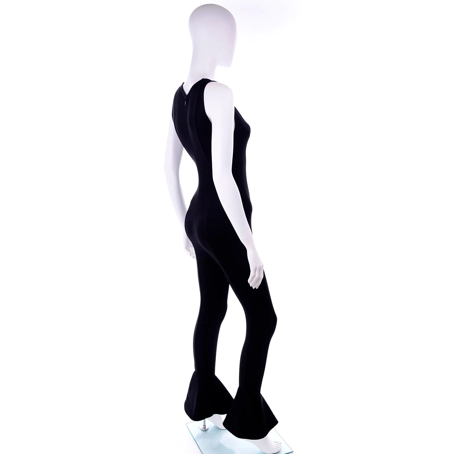 1993 Gianni Versace Runway Vintage Black Stretch Jumpsuit w Ruffled Cuffs