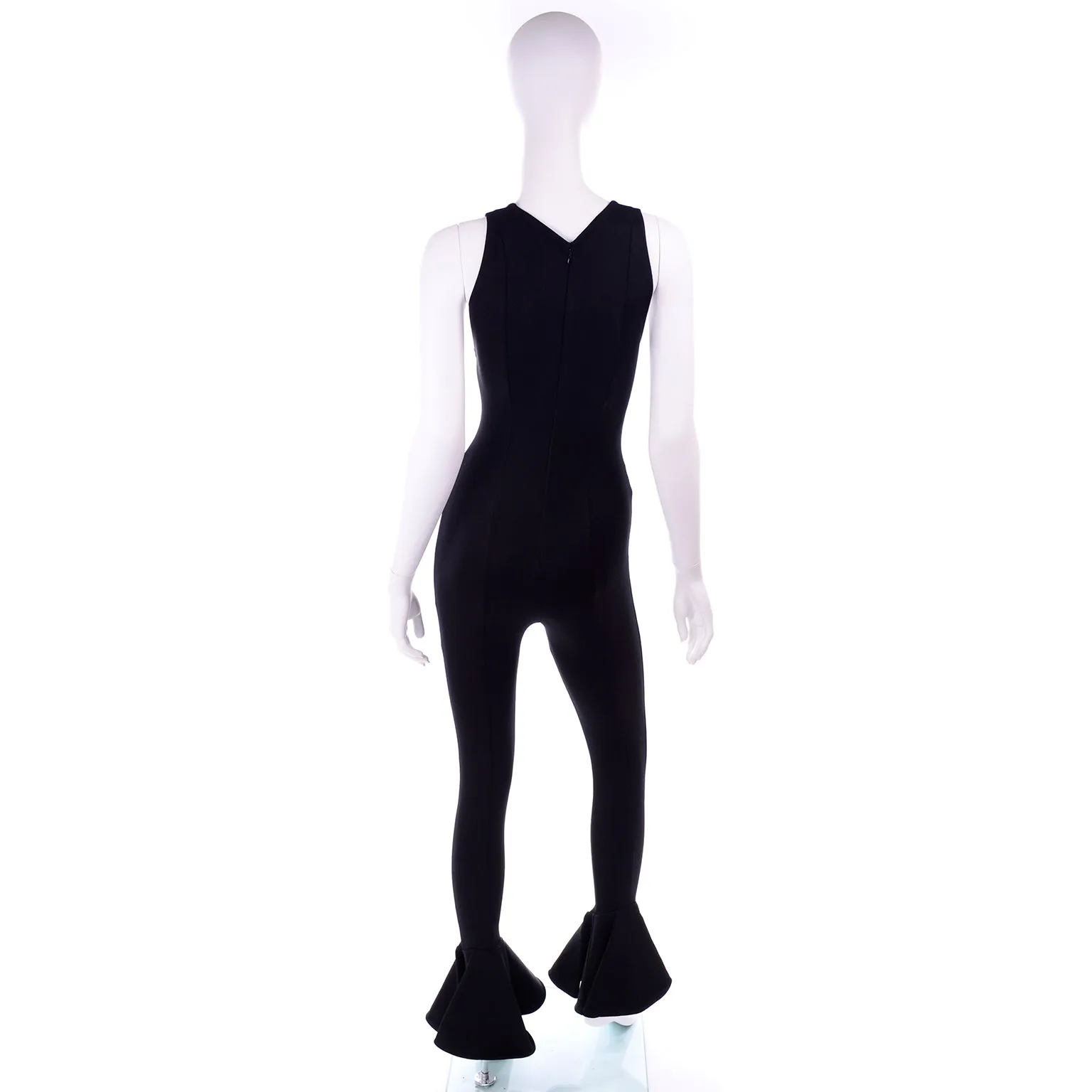 1993 Gianni Versace Runway Vintage Black Stretch Jumpsuit w Ruffled Cuffs