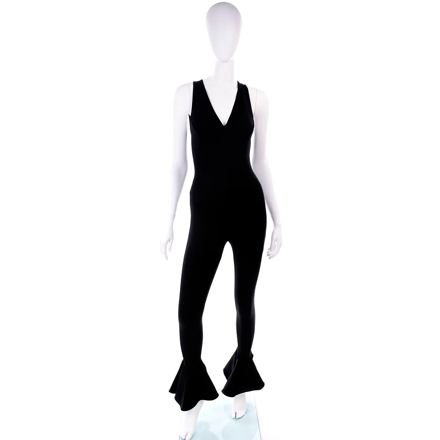 1993 Gianni Versace Runway Vintage Black Stretch Jumpsuit w Ruffled Cuffs