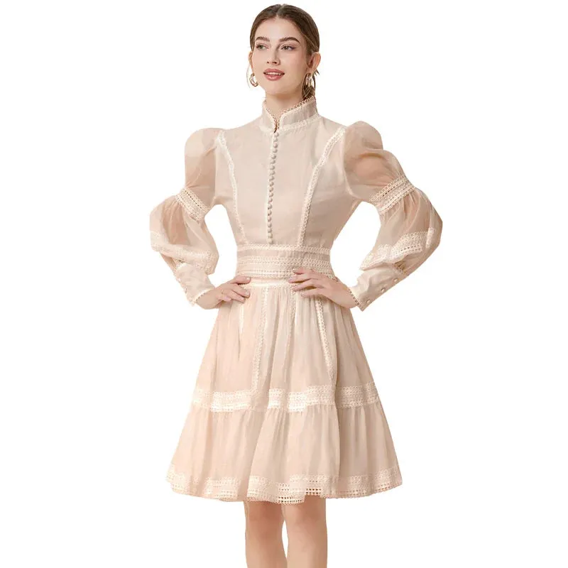 2025 French Elegant Lace Splicing Waist Lantern Sleeve Dress Vintage High Collar Princess Dress Organza Cocktail Women's Wear