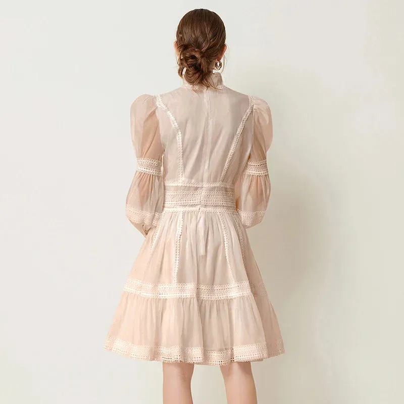 2025 French Elegant Lace Splicing Waist Lantern Sleeve Dress Vintage High Collar Princess Dress Organza Cocktail Women's Wear