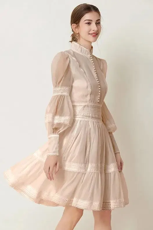 2025 French Elegant Lace Splicing Waist Lantern Sleeve Dress Vintage High Collar Princess Dress Organza Cocktail Women's Wear