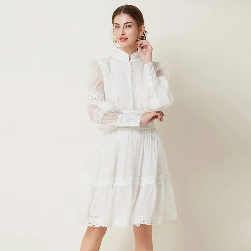 2025 French Elegant Lace Splicing Waist Lantern Sleeve Dress Vintage High Collar Princess Dress Organza Cocktail Women's Wear