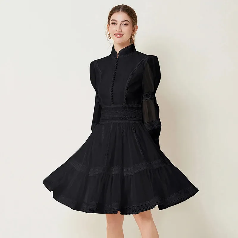 2025 French Elegant Lace Splicing Waist Lantern Sleeve Dress Vintage High Collar Princess Dress Organza Cocktail Women's Wear