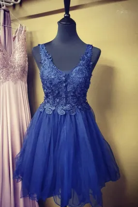 A Line V Neck Blue Lace Short Prom Dress, Blue Lace Homecoming Dress, Short Blue Formal Evening Dress A Line V Neck Blue Lace Short Prom Dress, Blue Lace Homecoming Dress, Short Blue Formal Evening Dress