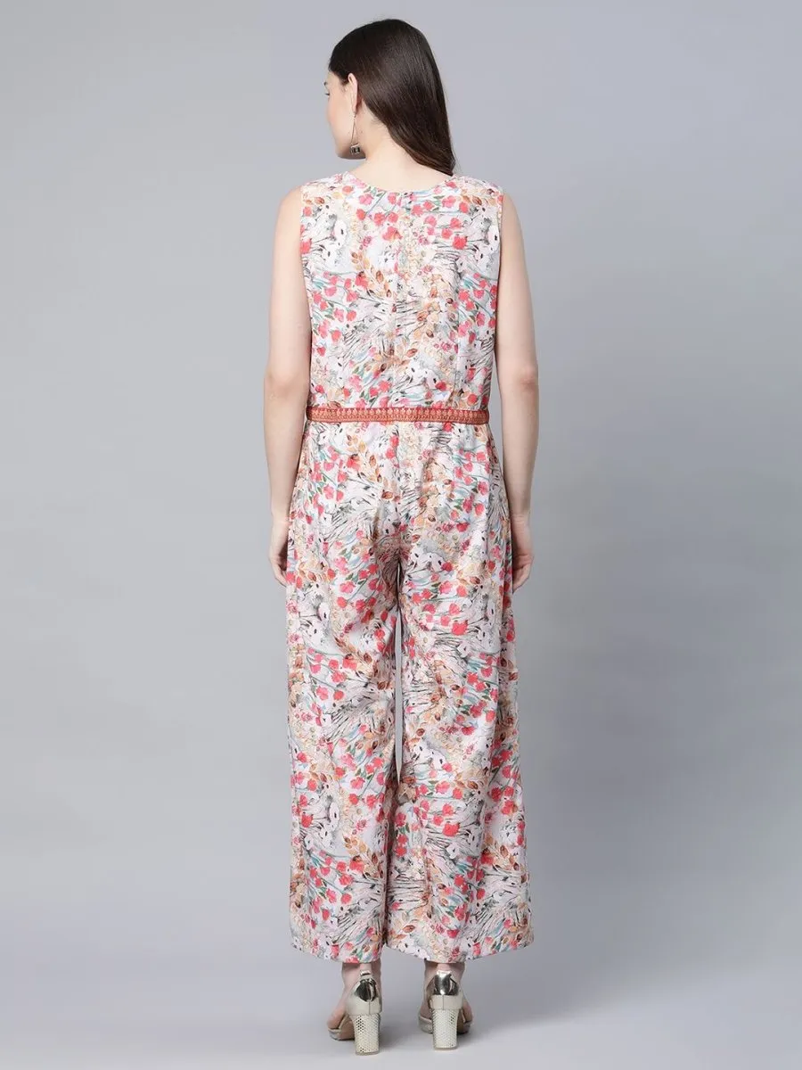 Ahalyaa Womens Pink Crepe Digital Print Floral Jumpsuit