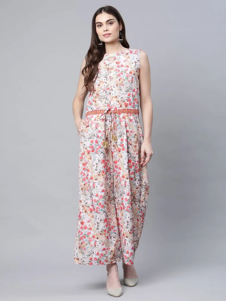 Ahalyaa Womens Pink Crepe Digital Print Floral Jumpsuit