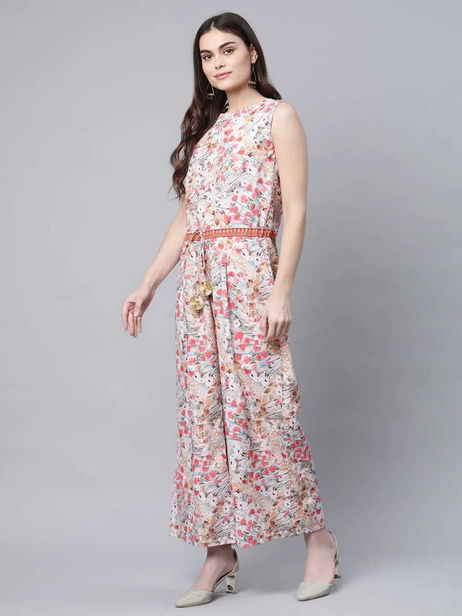 Ahalyaa Womens Pink Crepe Digital Print Floral Jumpsuit