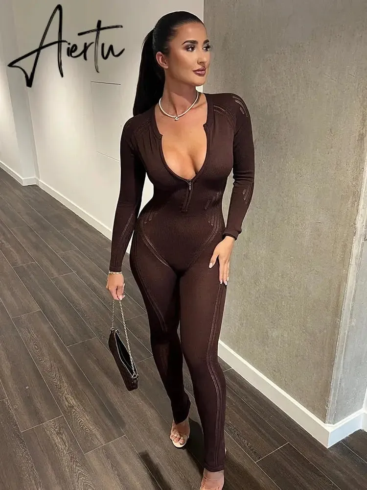 Aiertu Knitted Rompers Women Jumpsuit Stretch Hollow Out Zipper Sexy Summer Jumpsuits Club Outfits Women One Piece Overalls