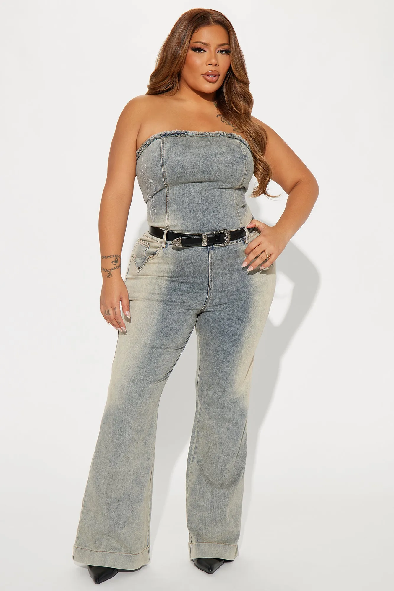 All My Energy Belted Denim Jumpsuit - Light Wash