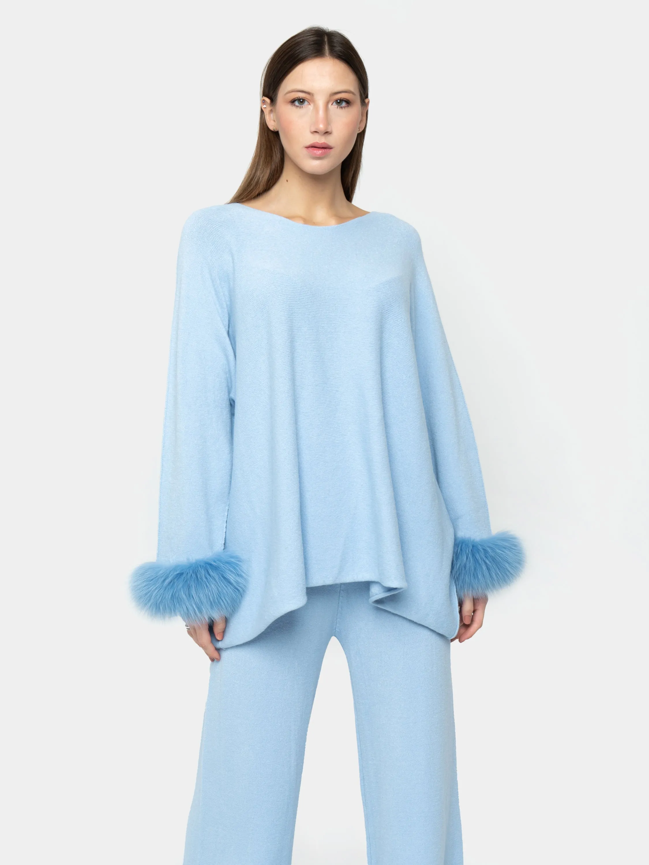 AMALFI - Viscose jumpsuit with light blue fox cuffs
