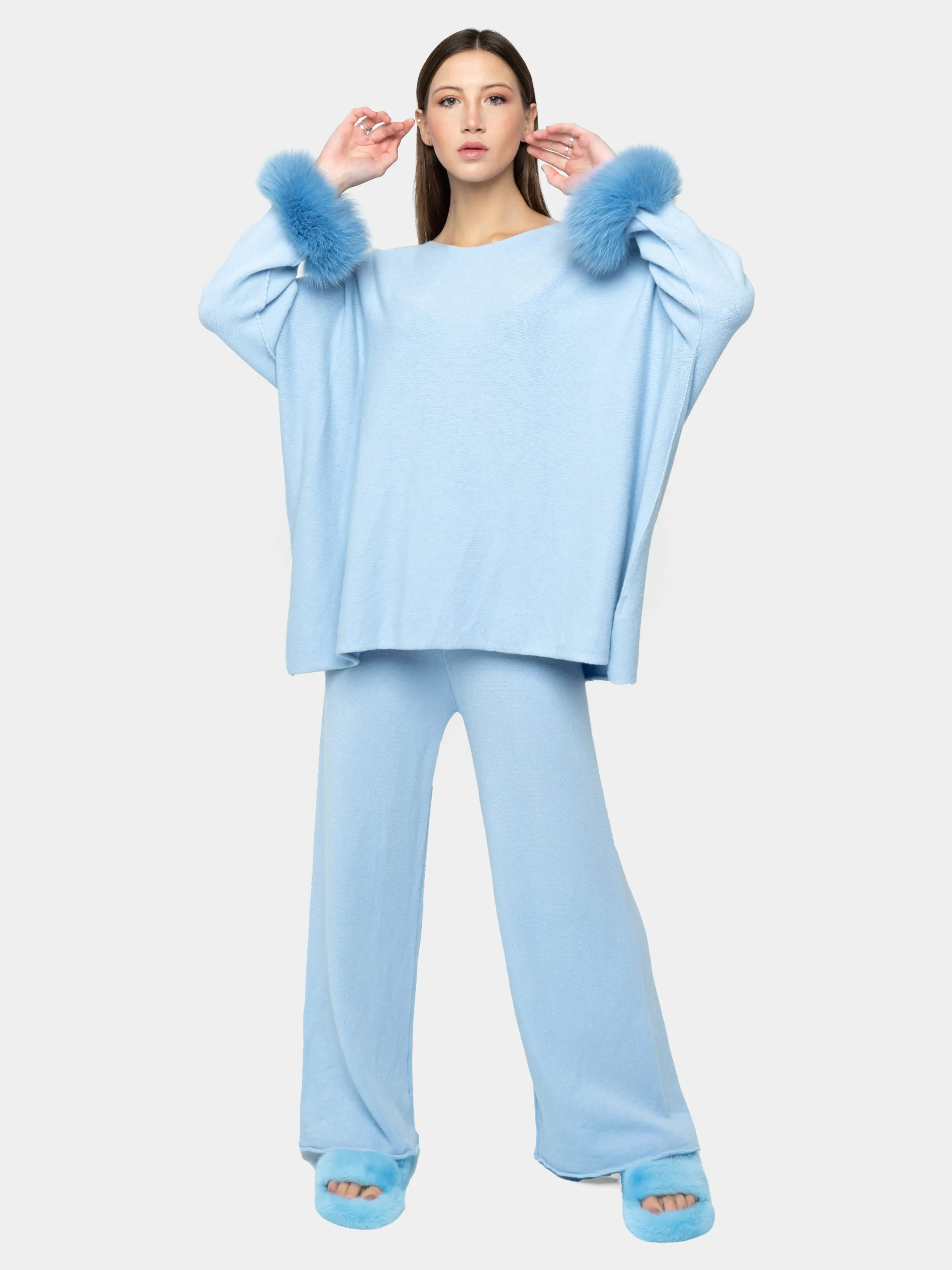AMALFI - Viscose jumpsuit with light blue fox cuffs