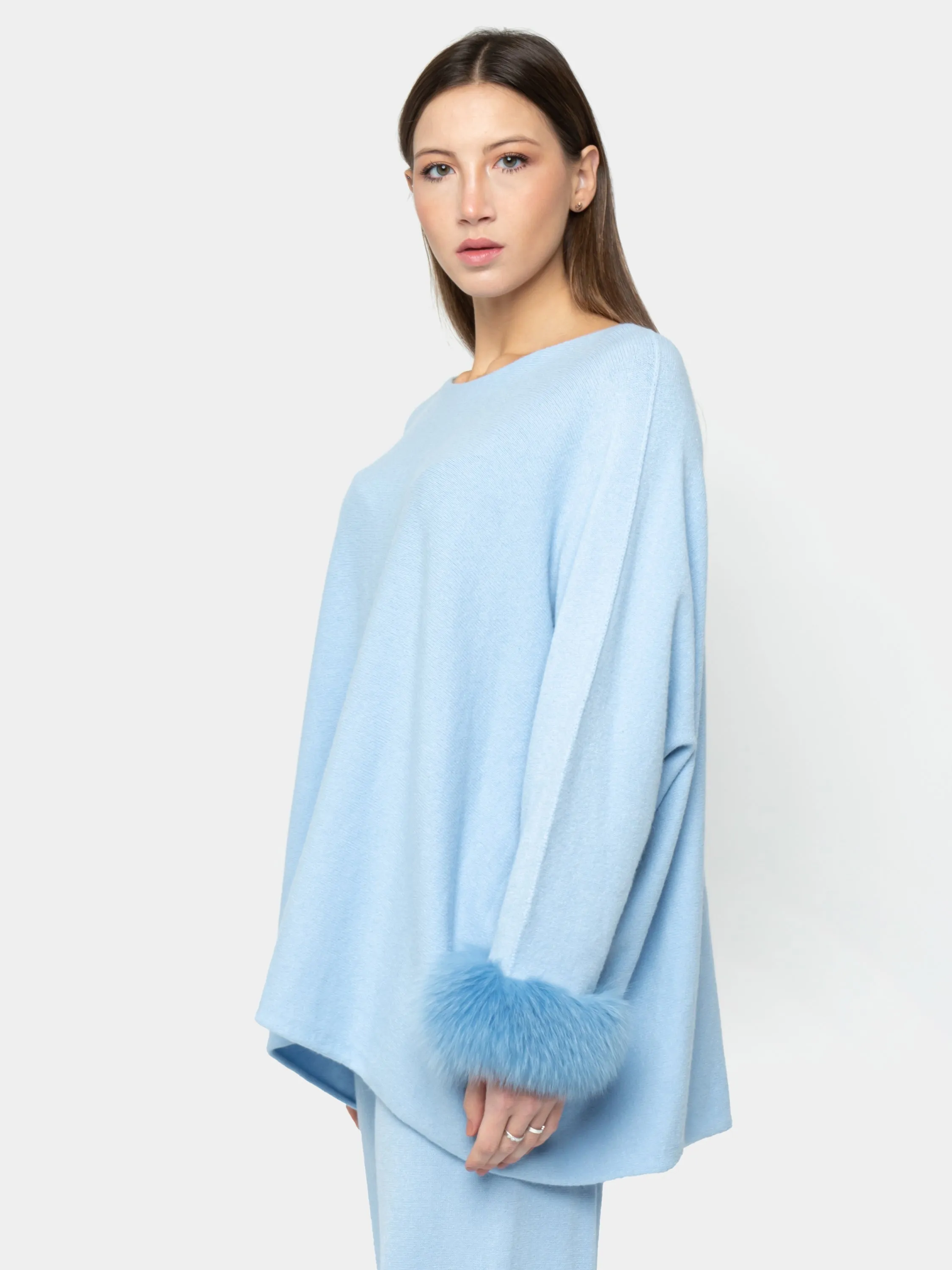 AMALFI - Viscose jumpsuit with light blue fox cuffs