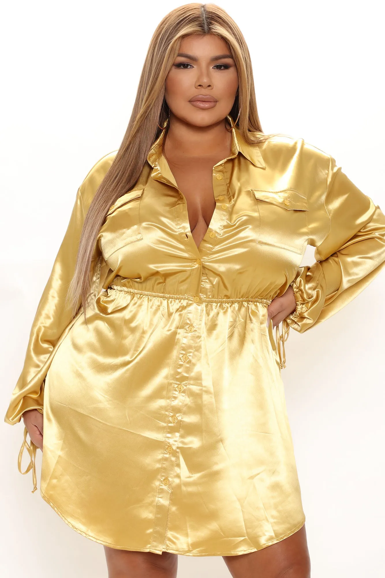 Angelina Satin Shirt Dress - Mustard