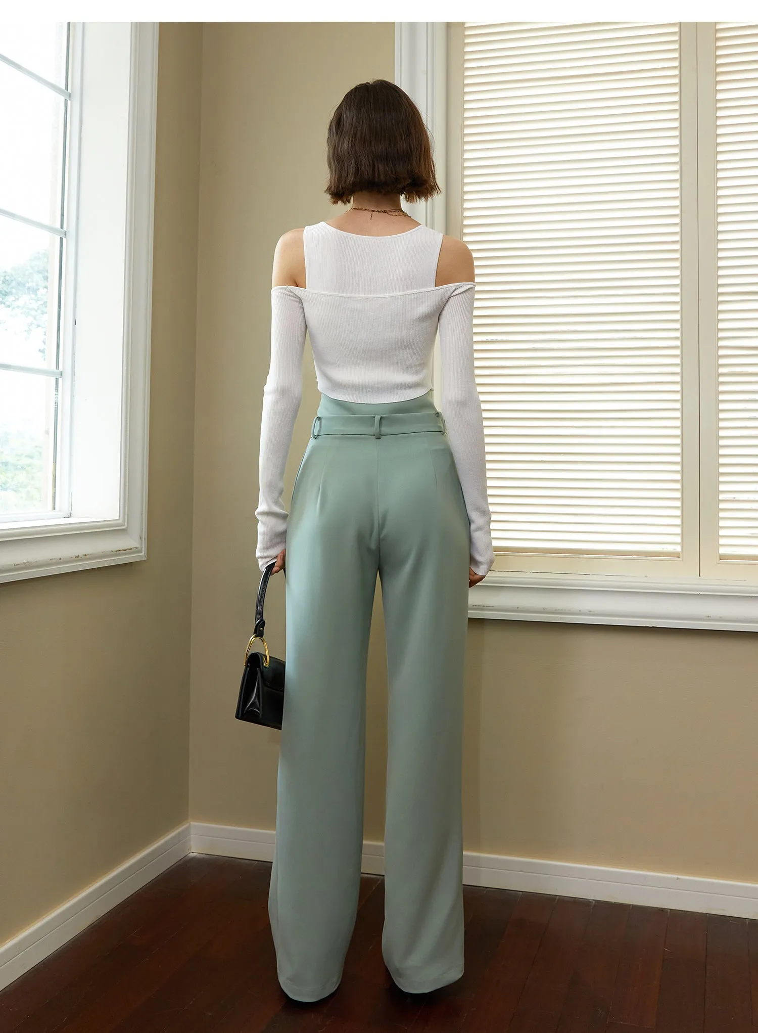 Asymmetrical high waist, regular thickness,pockets wide length trousers-Copa