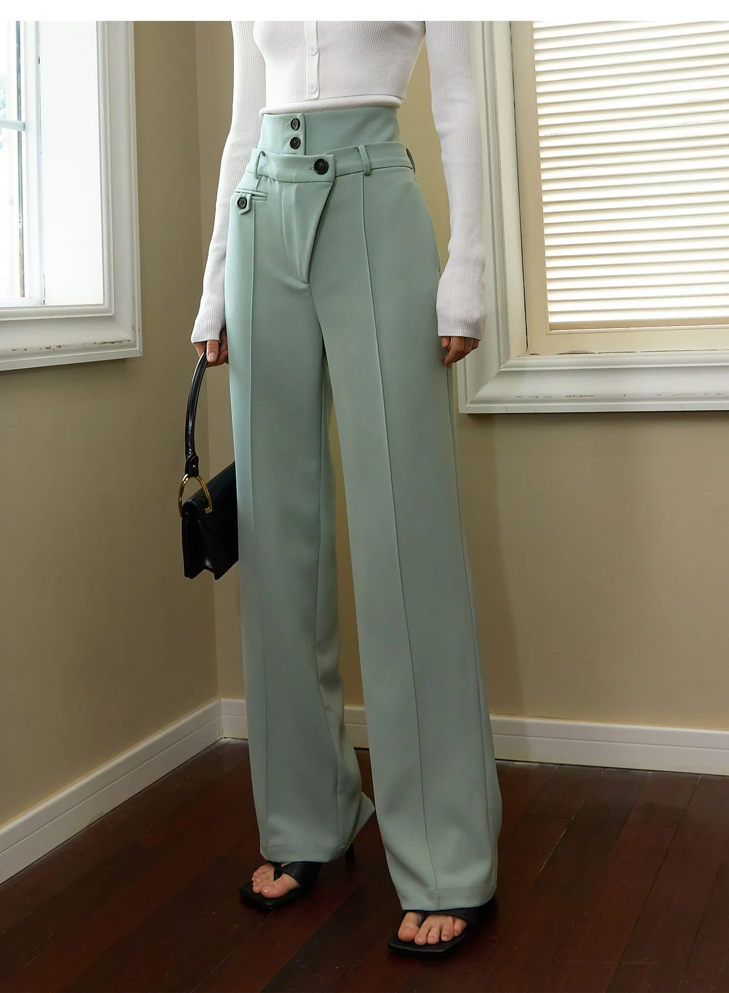 Asymmetrical high waist, regular thickness,pockets wide length trousers-Copa