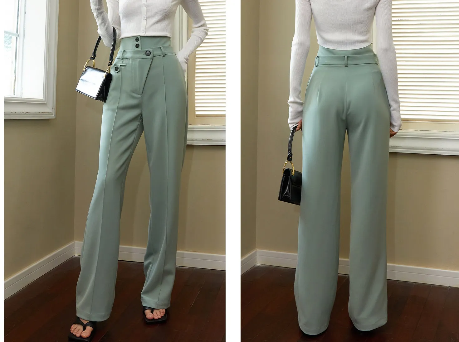Asymmetrical high waist, regular thickness,pockets wide length trousers-Copa